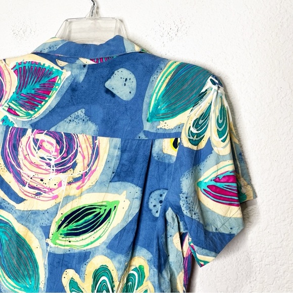 Jams World Sienna Blue Button Down Vintage Top Hawaiian Floral Neon Rainbow - Picture 5 of 8